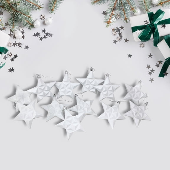 DAK 12ct White Matte Finish Glittered Star Shatterproof Christmas Ornaments 5"