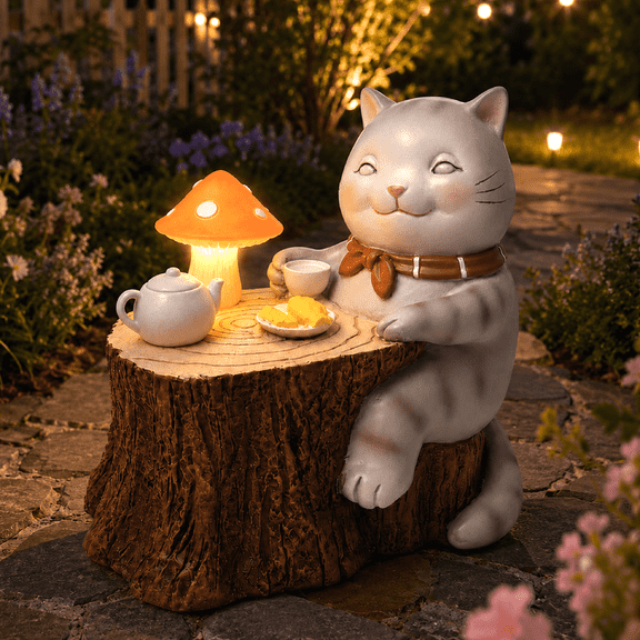 DAK Solar Cat Garden Statue with LED Mushroom Light, Outdoor Cat Figurine, Waterproof Resin UV Resistance