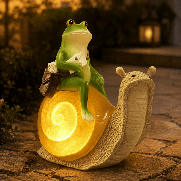DAK Solar Frog Garden Statue, Postman Riding Snail with LED Shell Light, Waterproof Resin UV Resistance