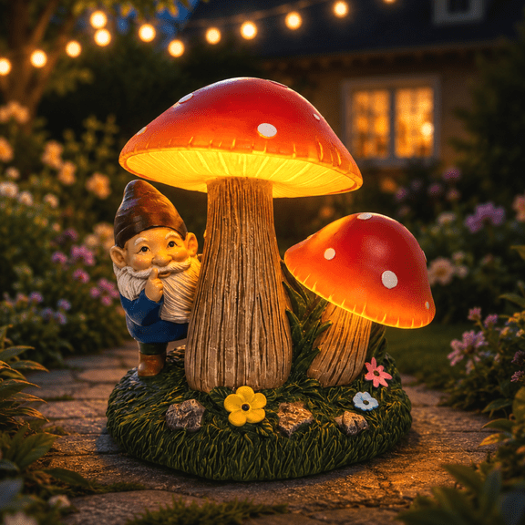 DAK Solar Gnome Garden Statue with Glowing Mushroom Light, Solar Powered Outdoor Resin Decor, Waterproof UV Resistance