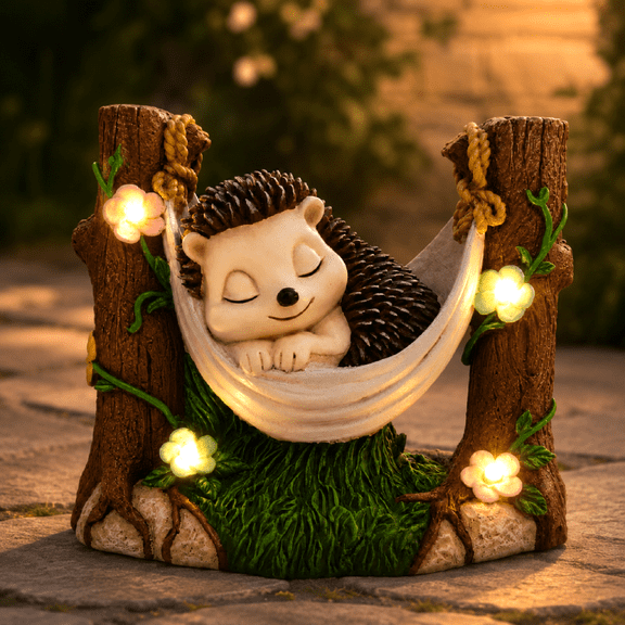 DAK Solar Hedgehog Garden Statue with Warm LED Flower Lights, Waterproof Resin UV Resistance