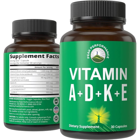 Peak Performance Vitamins D 5,000 iu + A + K + E All in 1 Easy to Swallow Capsule. ADK Vitamin Supplement with E D3 K2. Essential Vitamins for Mood, Immune, Bone, Vision, Heart