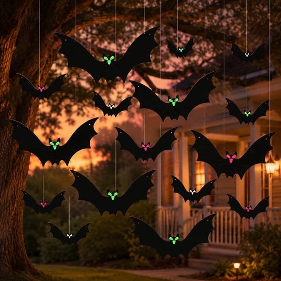 DAKIMOE 18 PCS Hanging Bats Halloween Decoration Outside, Large Flying Plastic Bats Outdoor Decor, 3 Different Sizes with Cute Glowing Eye Stickers for Hanging in The Tree, Porch, Yard, Lawn, Indoor