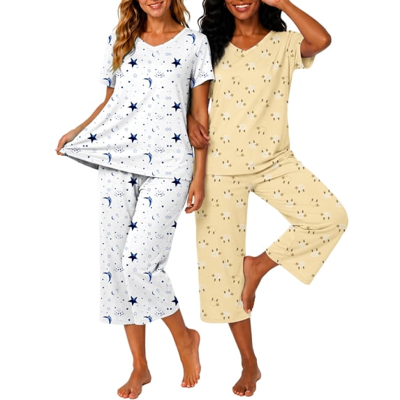 DAKIMOE Womens Pajama Sets 2 Pack, Soft Comfy Short Sleeve V Neck Tops & Capri Wide Leg Pants, Comfy Printed 4 Piece Sleepwear Loungewear Lounge Sets for Women S-2XL