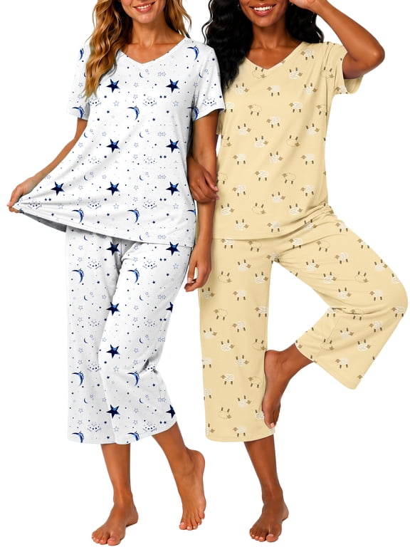Womens Pajama Sets 2 Pack, Soft Comfy Short Sleeve V Neck Tops & Capri Wide Leg Pants, Comfy Printed 4 Piece Sleepwear Loungewear Lounge Sets for Women S-2XL