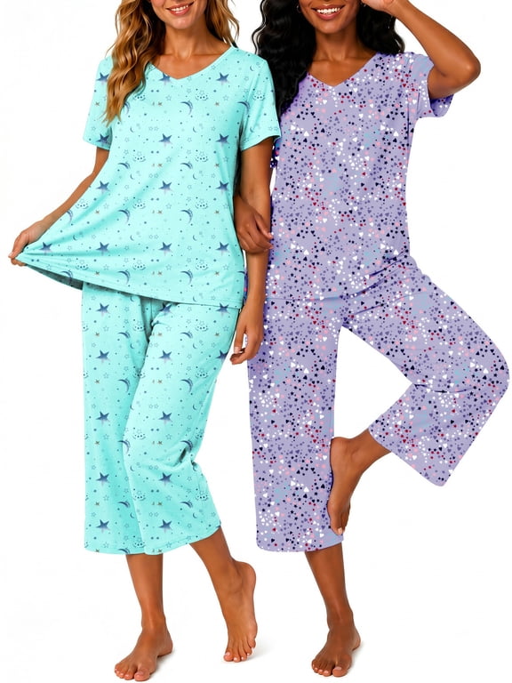 Womens Pajama Sets 2 Pack, Soft Comfy Short Sleeve V Neck Tops & Capri Wide Leg Pants, Comfy Printed 4 Piece Sleepwear Loungewear Lounge Sets for Women S-2XL