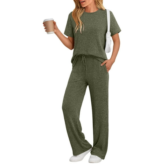 DAKIMOE 2 Piece Lounge Sets for Women Outfits Fall Pajamas Matching Ribbed Casual Wide Leg Pants Sets