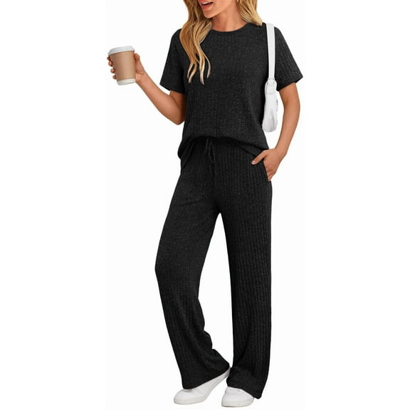 DAKIMOE 2 Piece Lounge Sets for Women Outfits Fall Pajamas Matching Ribbed Casual Wide Leg Pants Sets