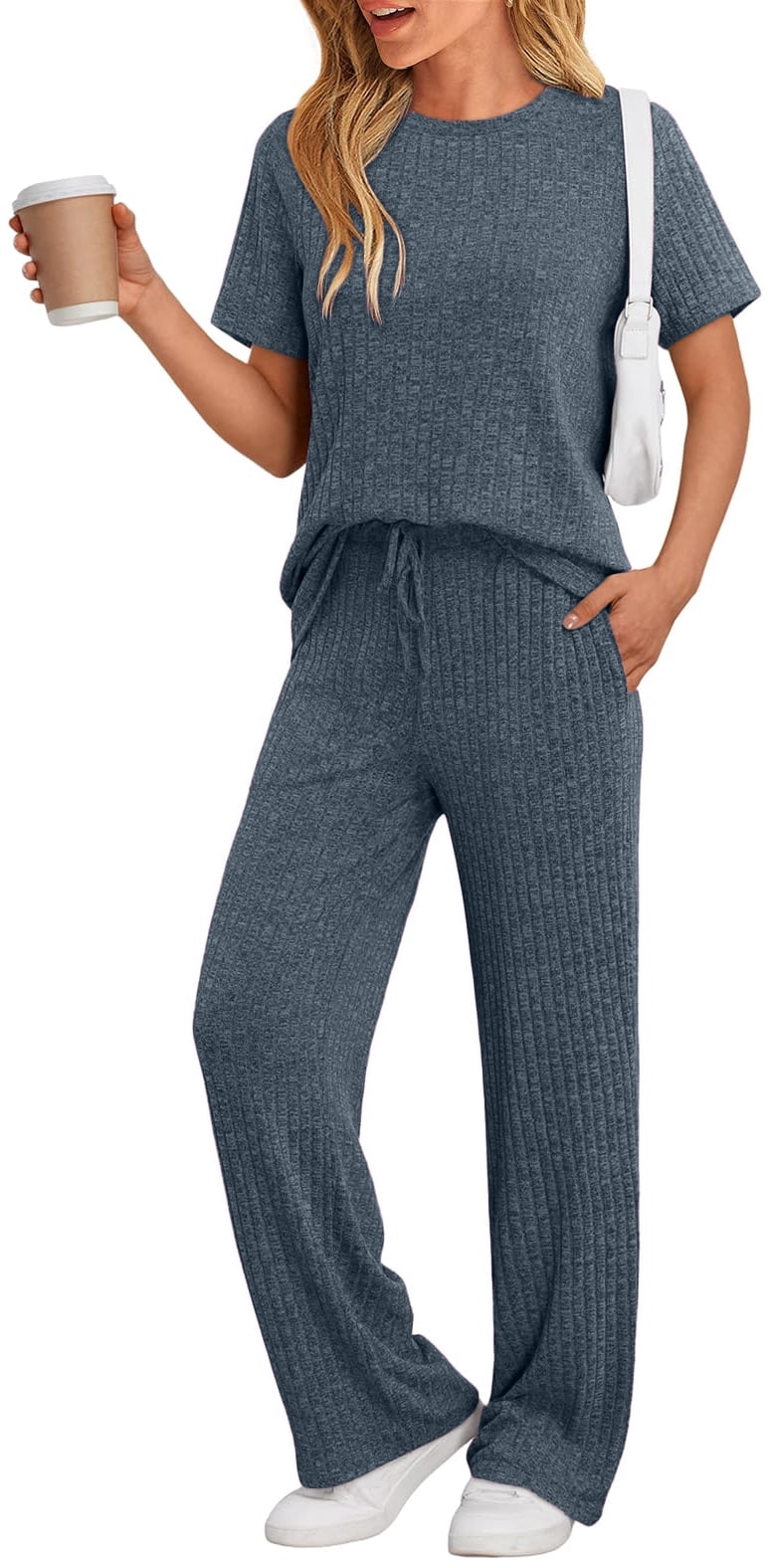 2 Piece Lounge Sets for Women Outfits Fall Pajamas Matching Ribbed Casual Wide Leg Pants Sets
