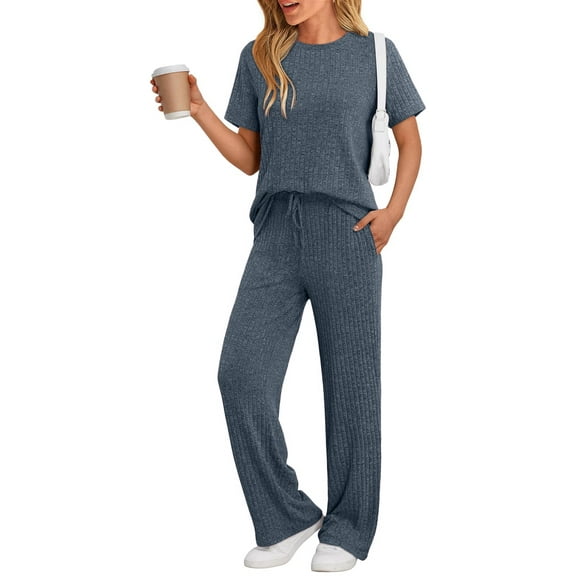 DAKIMOE 2 Piece Lounge Sets for Women Outfits Fall Pajamas Matching Ribbed Casual Wide Leg Pants Sets