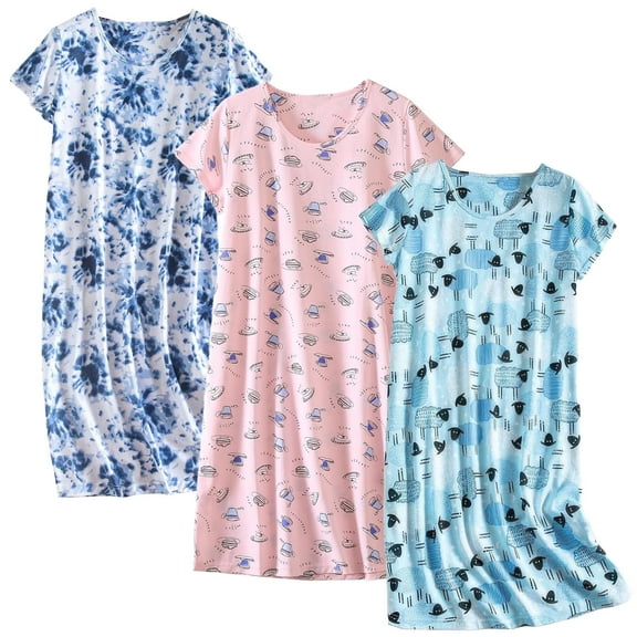 DAKIMOE 3 pack Nightgowns for Women Soft Cotton Short Sleeve Night Shirts Womens Print Sleep Shirts Loose Comfy Pajamas Sleepwear