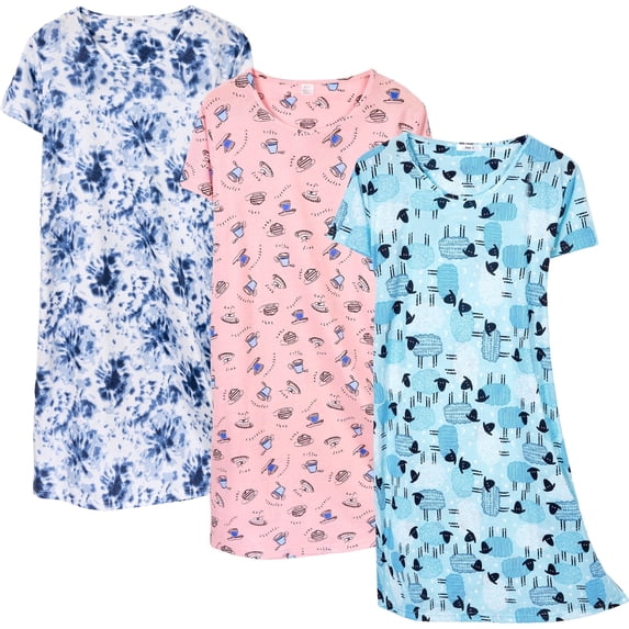 DAKIMOE 3 pack Nightgowns for Women Soft Cotton Short Sleeve Night Shirts Womens Print Sleep Shirts Loose Comfy Pajamas Sleepwear