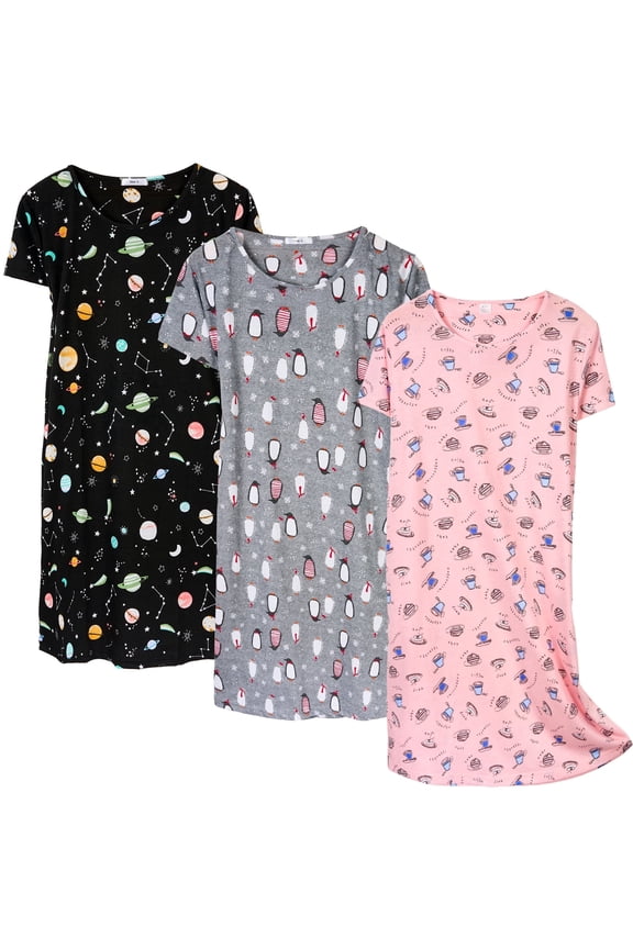 3 pack Nightgowns for Women Soft Cotton Short Sleeve Night Shirts Womens Print Sleep Shirts Loose Comfy Pajamas Sleepwear