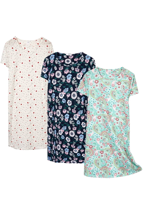 3 pack Nightgowns for Women Soft Cotton Short Sleeve Night Shirts Womens Print Sleep Shirts Loose Comfy Pajamas Sleepwear