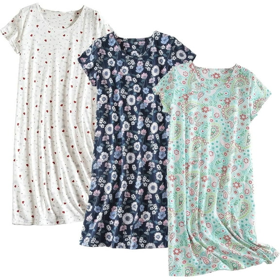 DAKIMOE 3 pack Nightgowns for Women Soft Cotton Short Sleeve Night Shirts Womens Print Sleep Shirts Loose Comfy Pajamas Sleepwear