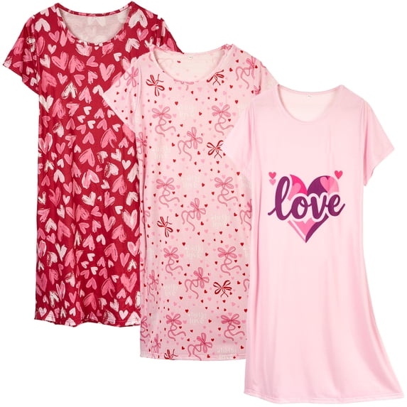 DAKIMOE 3 Pack Nightgowns for Women Soft Cotton Short Sleeve Night Shirts Womens Print Sleep Shirts Loose Comfy Pajamas Sleepwear