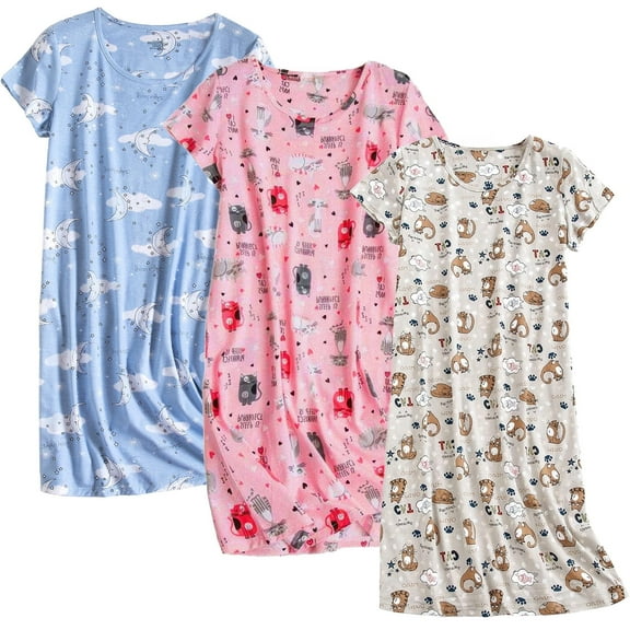 DAKIMOE 3 pack Nightgowns for Women Soft Cotton Short Sleeve Night Shirts Womens Print Sleep Shirts Loose Comfy Pajamas Sleepwear