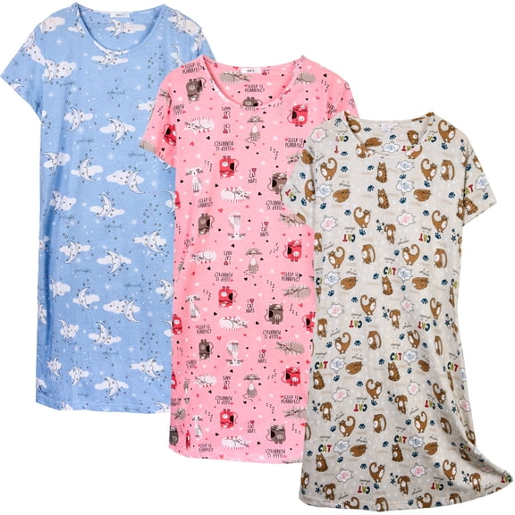 DAKIMOE 3 pack Nightgowns for Women Soft Cotton Short Sleeve Night Shirts Womens Print Sleep Shirts Loose Comfy Pajamas Sleepwear