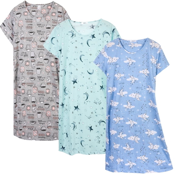 DAKIMOE 3 pack Nightgowns for Women Soft Cotton Short Sleeve Night Shirts Womens Print Sleep Shirts Loose Comfy Pajamas Sleepwear