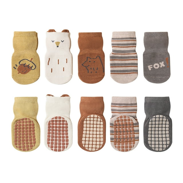 DAKIMOE 5 Pairs Baby Socks Non Slip Kids Crew Socks with Grips Cute