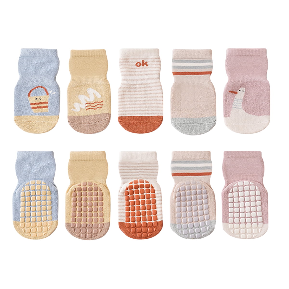DAKIMOE 5 Pairs Baby Socks Non Slip Kids Crew Socks with Grips Cute