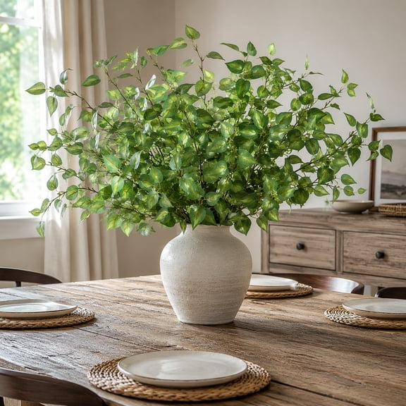DAKIMOE 5Pcs 32.7" Artificial Eucalyptus Leaves Stem Plants for Spring Decor, Fake Leaf Greenery Branches Green Shrubs Silk Faux Foliage DIY Stems for Festival Home Kitchen Farmhouse Party Wedding