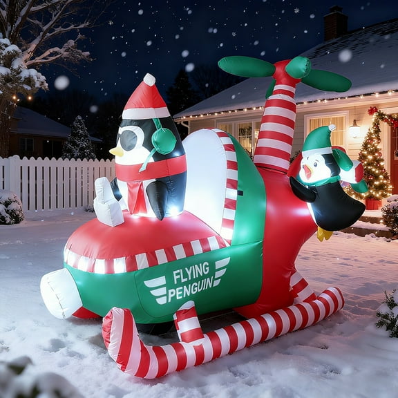 DAKIMOE 7FT Christmas Inflatables Decoration Outdoor LED Lights Santa Flying Animated Helicopter with Penguin Xmas Decor Lawn Yard Patio Garden Christmas Decor Indoor, Red Green
