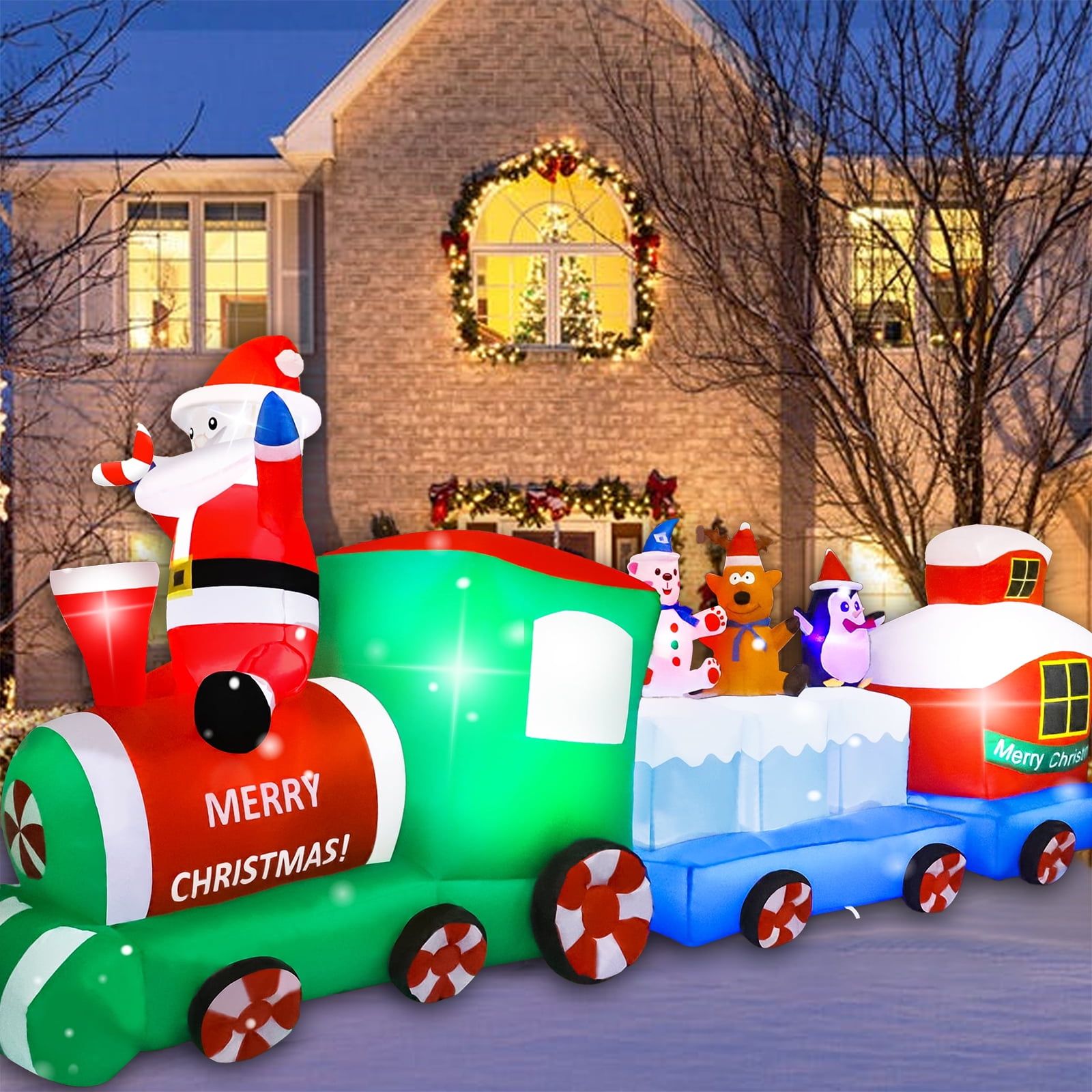 DAKIMOE 9FT Outdoor Christmas Inflatables, LED Lights, Santa on Train