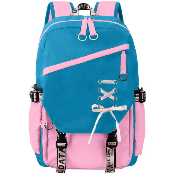 DAKIMOE School Backpack for Teens Middle School Bookbag Students Lightweight Durable Casual Outdoor Daypack College, Blue and Pink