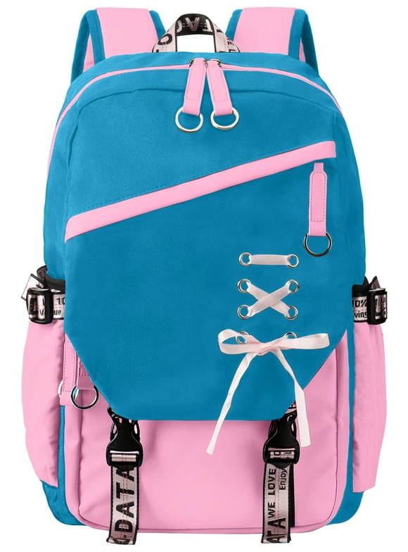 School Backpack for Teens Middle School Bookbag Students Lightweight Durable Casual Outdoor Daypack College, Blue and Pink