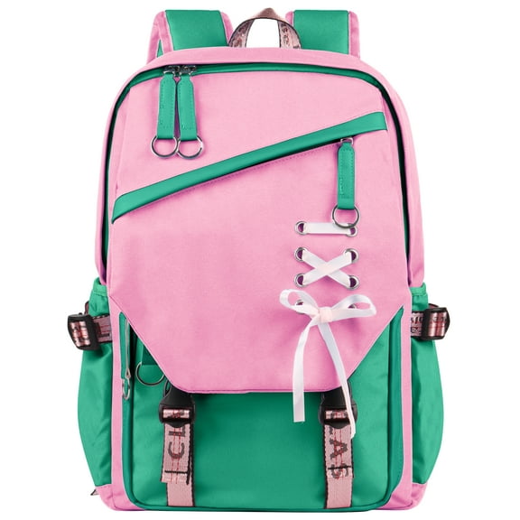 DAKIMOE School Backpack for Teens Middle School Bookbag Students Lightweight Durable Casual Outdoor Daypack College, Pink and Green