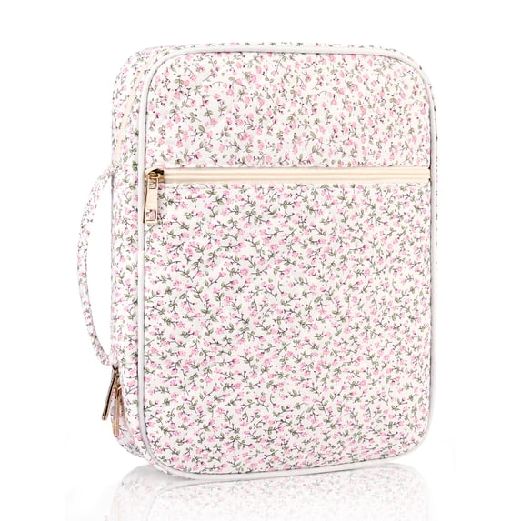 DAKIMOE Bible Cover Case for Women Large Bible Bag Organizer Quilted Carrying Book Case Church Bag Bible Study Supplies Accessories Gift for Mother Lady Women, Tiny Pink Flowers