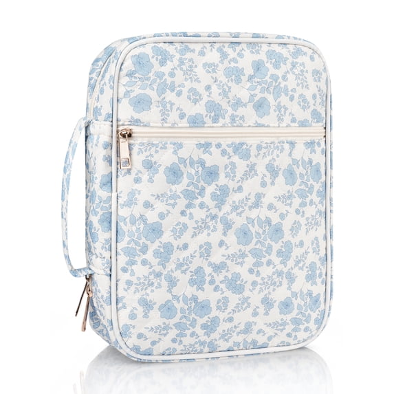 DAKIMOE Bible Cover Case for Women Large Bible Bag Organizer Quilted Carrying Book Case Church Bag Bible Study Supplies Accessories Gift for Mother Lady Women, Blue Flowers
