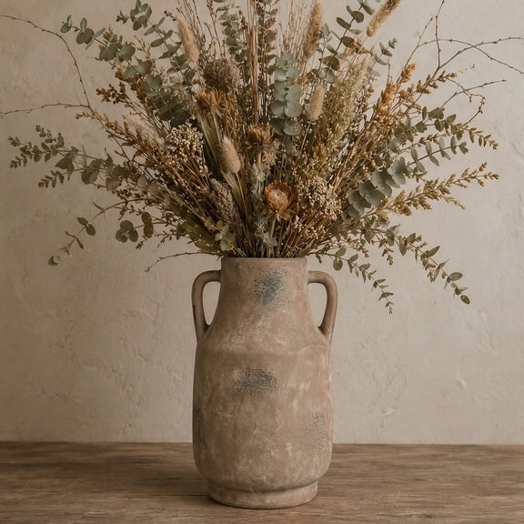 DAKIMOE Ceramic Vase with Handle for Flowers, Large Farmhouse Vases Home Decor Pottery Vases for Pampas Grass&Dried Flowers, Brown