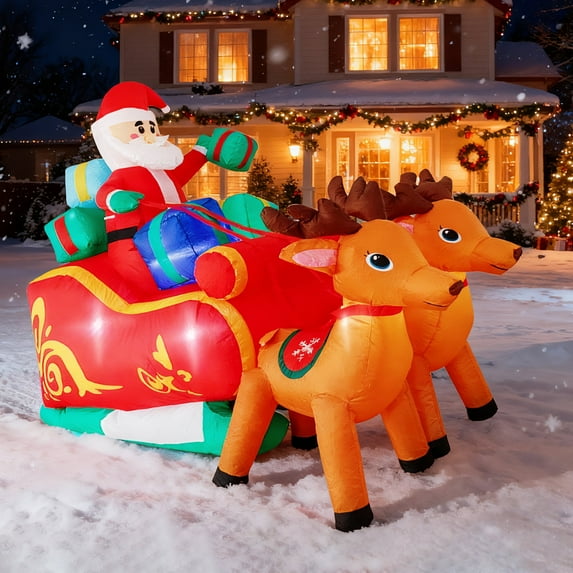 DAKIMOE Christmas Inflatable Outdoor Decoration 6FT Xmas Inflatables Decorations Santa Claus on Sleigh with Reindeers Blow Ups Decor Lawn Yard Patio Garden Party