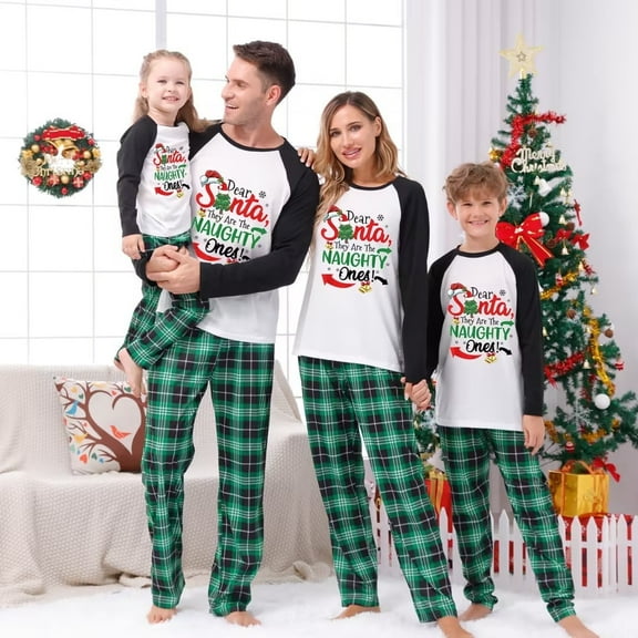 DAKIMOE Family Matching Christmas Pajamas Holiday Couple PJ Set Men and Women Kids Sleepwear Long Sleeve Xmas Jammies Print Tops and Pants,Black White Green, Kid:10-11 Years
