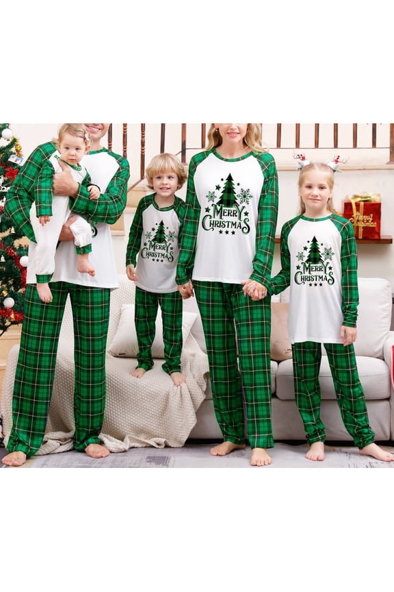 Family Matching Christmas Pajamas Holiday Couple PJ Set Men and Women Kids Sleepwear Long Sleeve Xmas Jammies Print Tops and Pants, Green, Mom L
