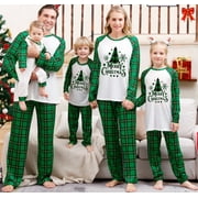DAKIMOE Christmas Pajamas for Family Matching Family Pajamas Sets Christmas PJ's Letter Tree Top and Plaid Pants Sleepwear for Adult Kids Baby, 2-Piece, ( Green, Mom M )