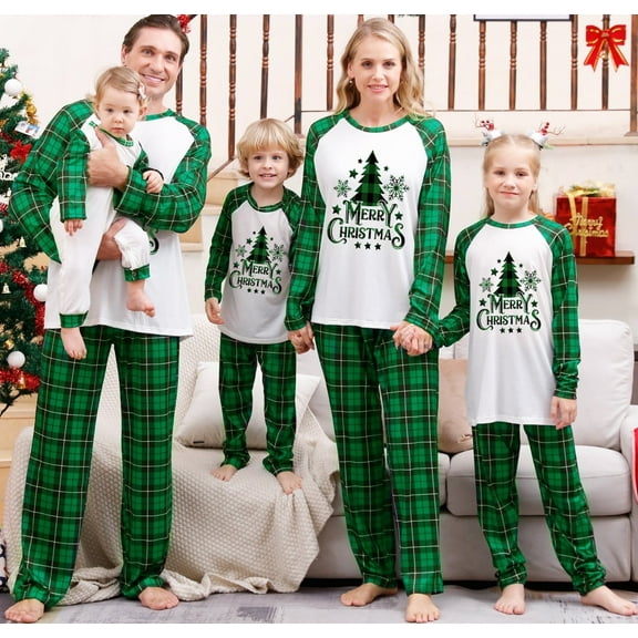 DAKIMOE Christmas Pajamas for Family Matching Family Pajamas Sets Christmas PJ's Letter Tree Top and Plaid Pants Sleepwear for Adult Kids Baby, 2-Piece, ( Green, Mom M )