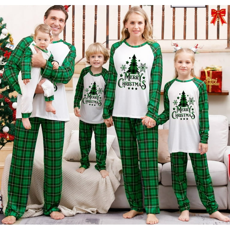 DAKIMOE Christmas Pajamas for Family Matching Family Pajamas Sets Christmas  PJ's Letter Tree Top and Plaid Pants Sleepwear for Adult Kids Baby