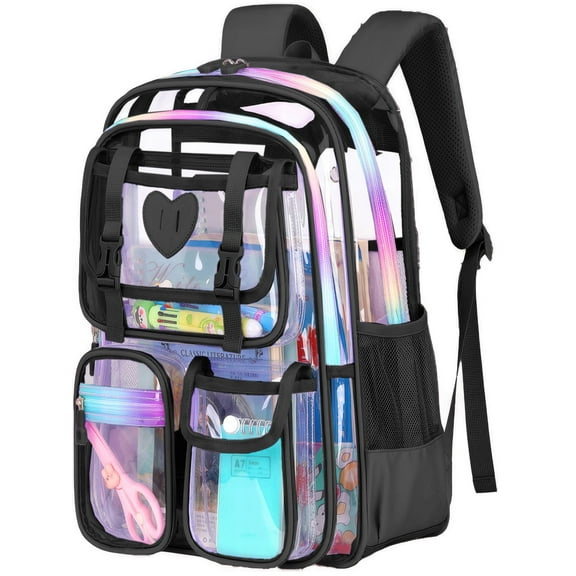 DAKIMOE Clear Backpack Large School Backpack Heavy Duty PVC Transparent Bookbag Stadium Approved for School Work Travel Festival