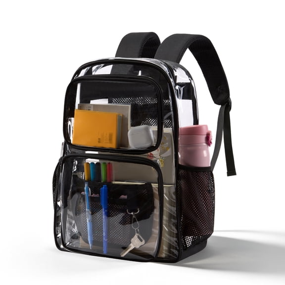 DAKIMOE Clear Backpack for School - 17 inch Large Heavy Duty Stadium Approved Clear Bookbag, See Through PVC Transparent Backpacks for Travel College Work, Black