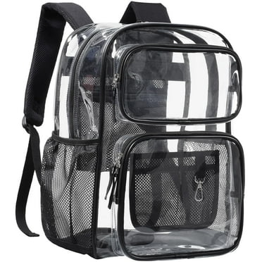 DAKIMOE Clear Backpack for School - 17 inch Large Heavy Duty Stadium Approved Clear Bookbag, See Through PVC Transparent Backpacks for Travel College Work, Black