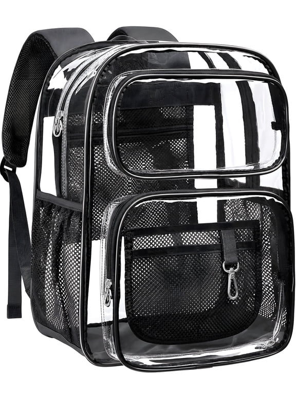 Clear Backpack for School - 17 inch Large Heavy Duty Stadium Approved Clear Bookbag, See Through PVC Transparent Backpacks for Travel College Work, Black