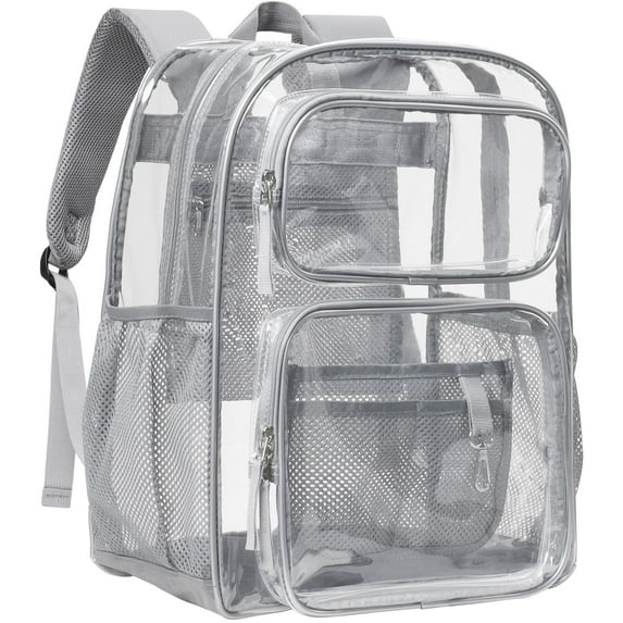 DAKIMOE Clear Backpack for School - 17 inch Large Heavy Duty Stadium Approved Clear Bookbag, See Through PVC Transparent Backpacks for Travel College Work, Grey