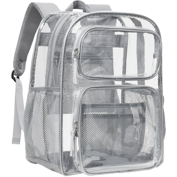 DAKIMOE Clear Backpack for School - 17 inch Large Heavy Duty Stadium Approved Clear Bookbag, See Through PVC Transparent Backpacks for Travel College Work, Grey