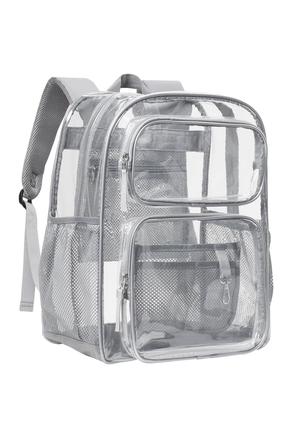Clear Backpack for School - 17 inch Large Heavy Duty Stadium Approved Clear Bookbag, See Through PVC Transparent Backpacks for Travel College Work, Grey