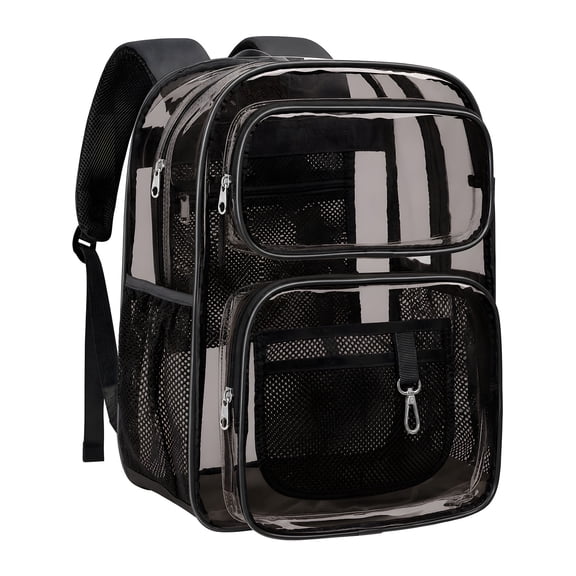 DAKIMOE Clear Backpack for School - 17 inch Large Heavy Duty Stadium Approved Clear Bookbag, See Through PVC Transparent Backpacks for Travel College Work, Black PVC