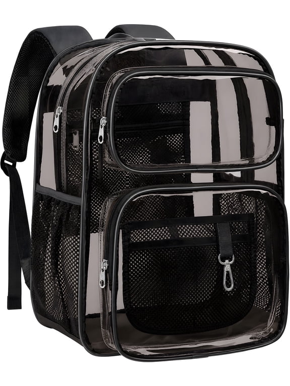 Clear Backpack for School - 17 inch Large Heavy Duty Stadium Approved Clear Bookbag, See Through PVC Transparent Backpacks for Travel College Work, Black PVC