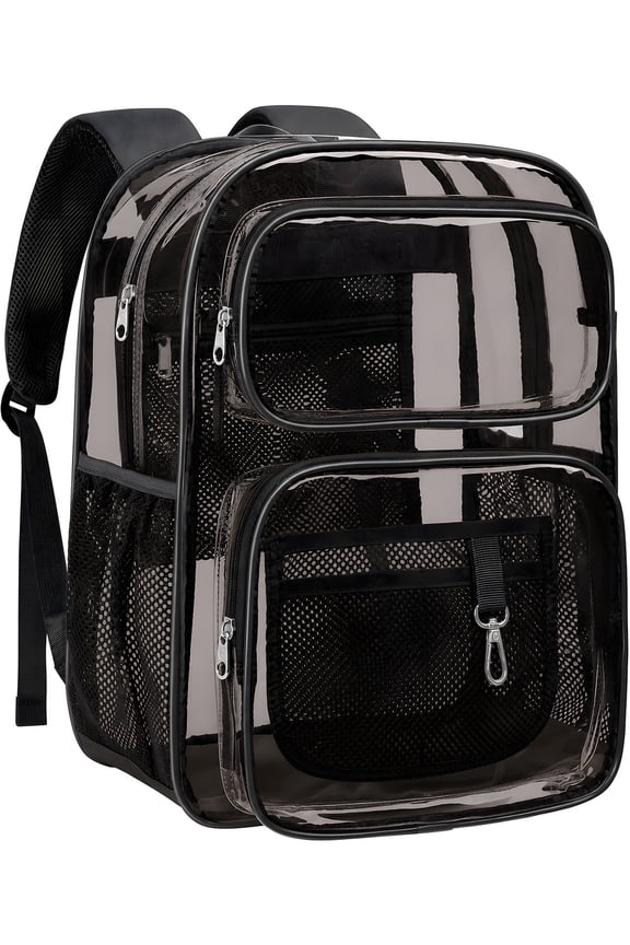 Clear Backpack for School - 17 inch Large Heavy Duty Stadium Approved Clear Bookbag, See Through PVC Transparent Backpacks for Travel College Work, Black PVC